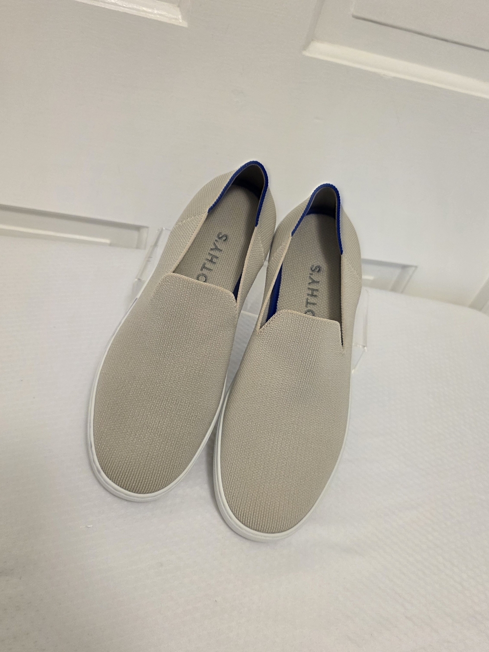 Rothy's The Original Slip-On Sneakers Sand In Color W/Blue Trim Size 10 Casual